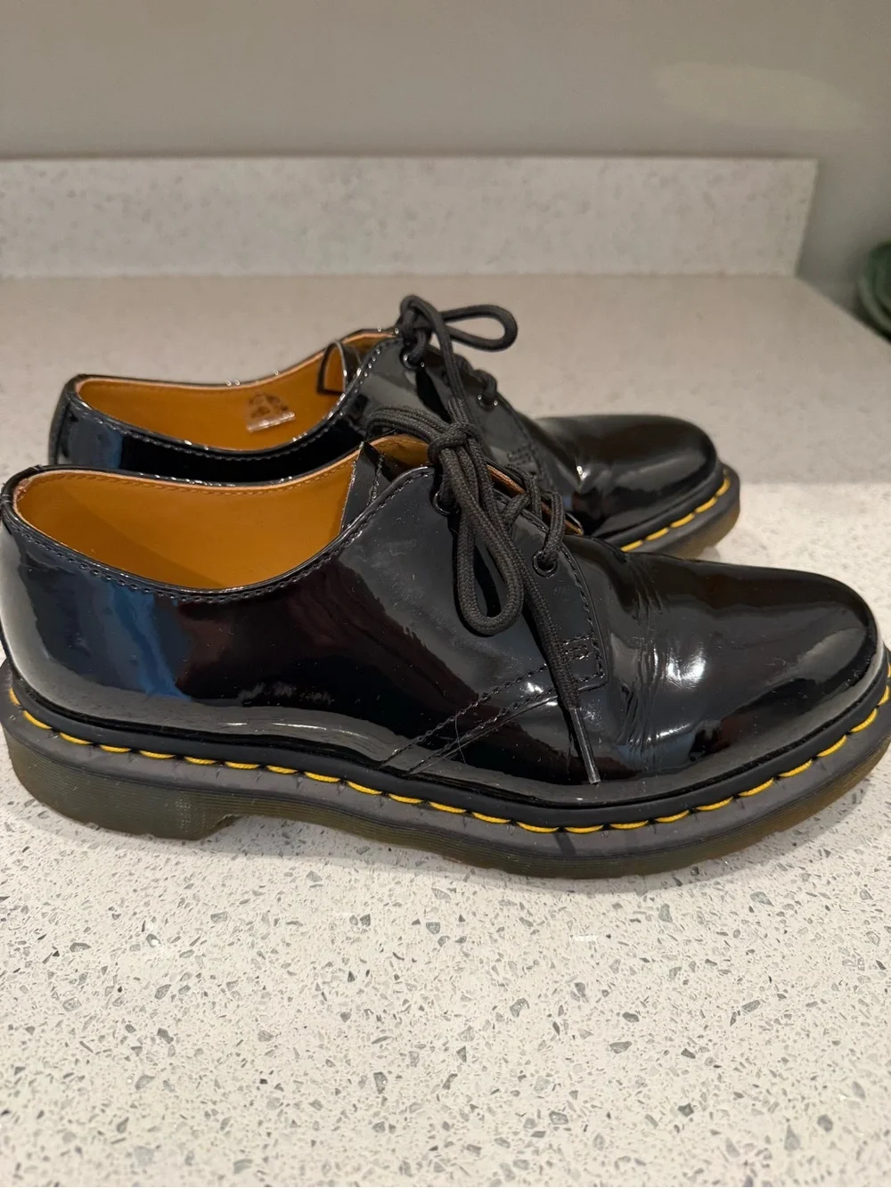 Dr. Martens Black Patent Lace-Up Shoes with Yellow Stitching